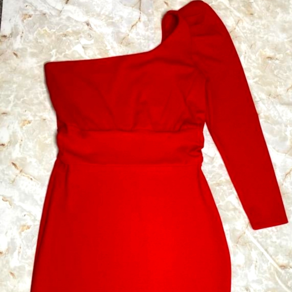 One Sleeve Red Midi Cocktail Dress